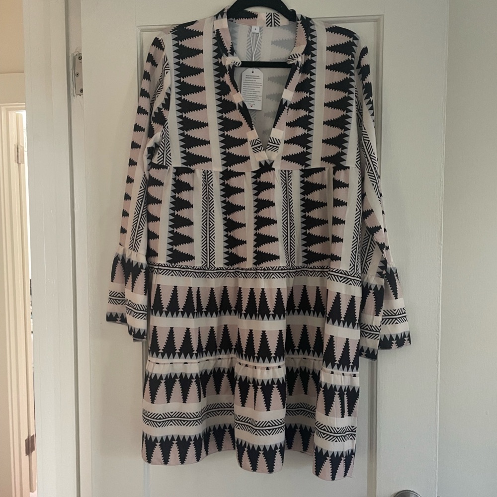 Geometric Patterned Black and White Dress with Bell Sleeves
